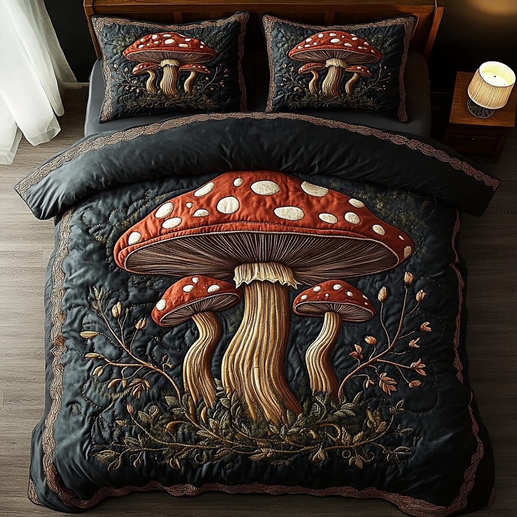 Fungal Fantasy quilted 3-piece bedding set on a made bed with two matching pillow shams