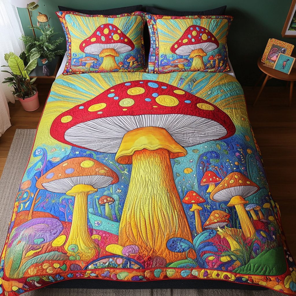 Fungal Fantasy quilted 3-piece bedding set on a made bed with two matching pillow shams