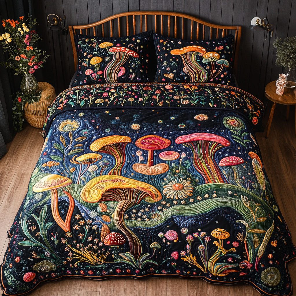 Fungal Fantasy quilted 3-piece bedding set on a made bed with two matching pillow shams