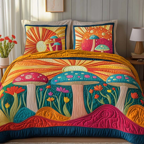 Fungitopia Nights quilted 3-piece bedding set on a made bed with two matching pillow shams