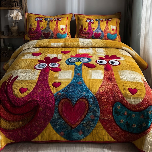 Funky Chicken quilted 3-piece bedding set on a made bed with two matching pillow shams