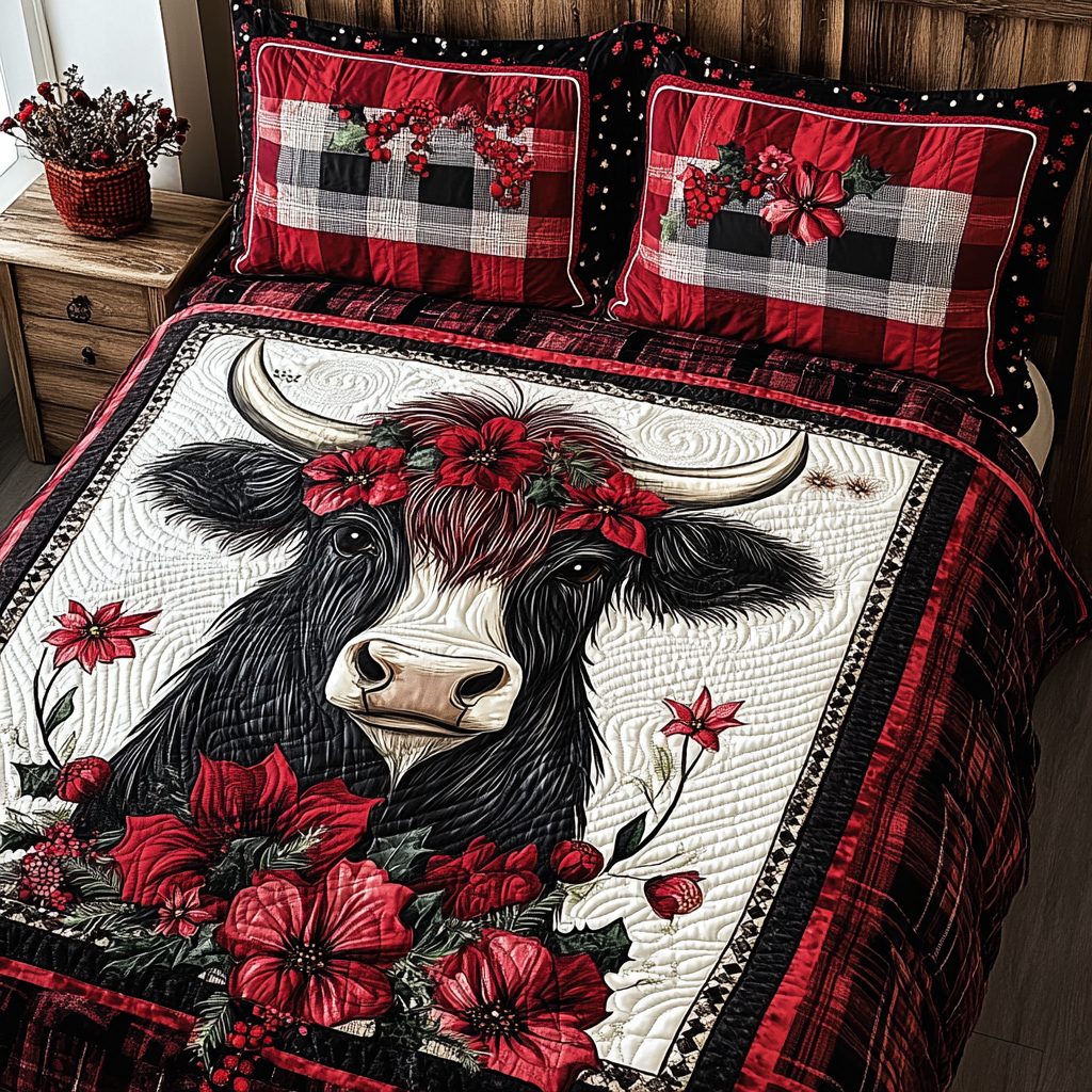 Funky Cow quilted 3-piece bedding set on a made bed with two matching pillow shams