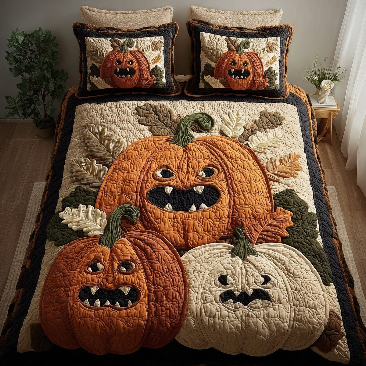 Funky Pumpkin quilted 3-piece bedding set on a made bed against a dark styled interior