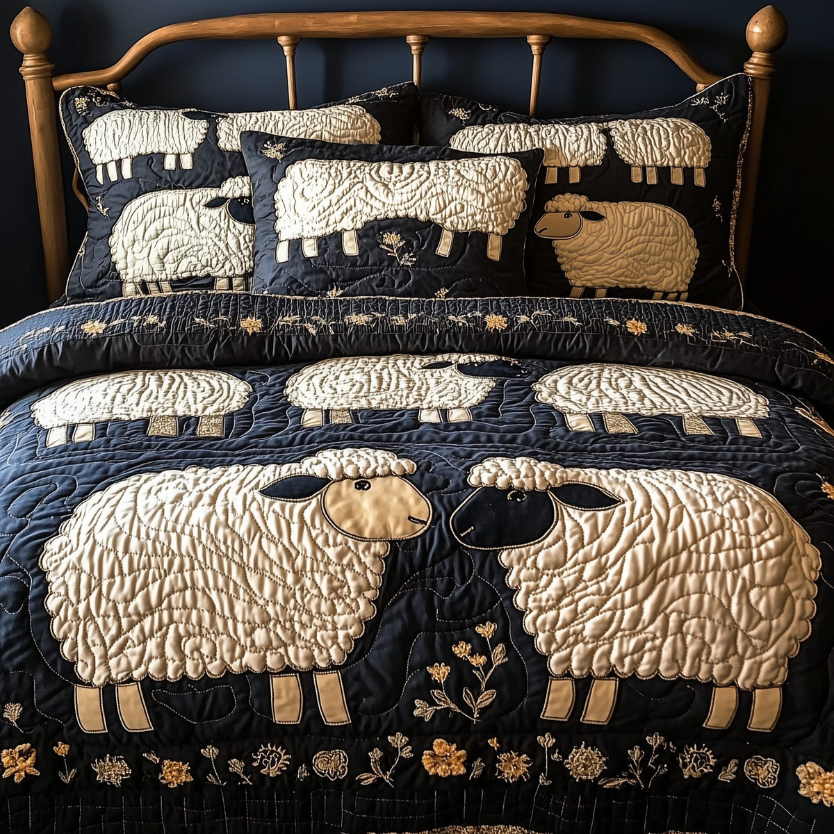 Funky Sheep quilted 3-piece bedding set on a made bed with two matching pillow shams