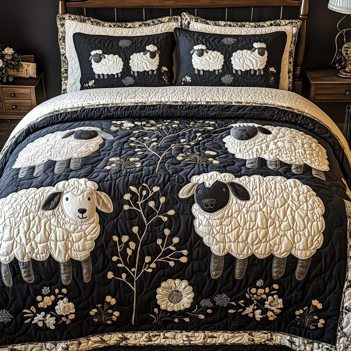 Funky Sheep quilted 3-piece bedding set on a made bed with two matching pillow shams