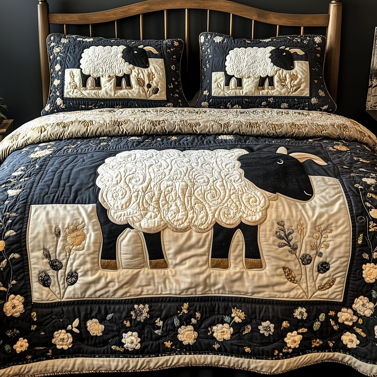 Funky Sheep quilted 3-piece bedding set on a made bed with two matching pillow shams