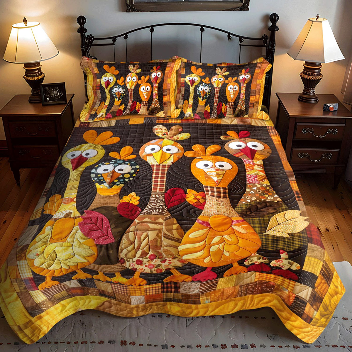 Funky Turkeys quilted 3-piece bedding set on a made bed with two matching pillow shams