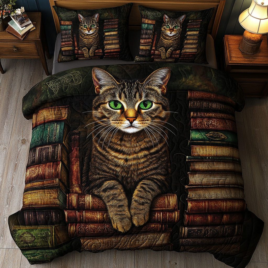 Fur and Fiction quilted 3-piece bedding set on a made bed with two matching pillow shams