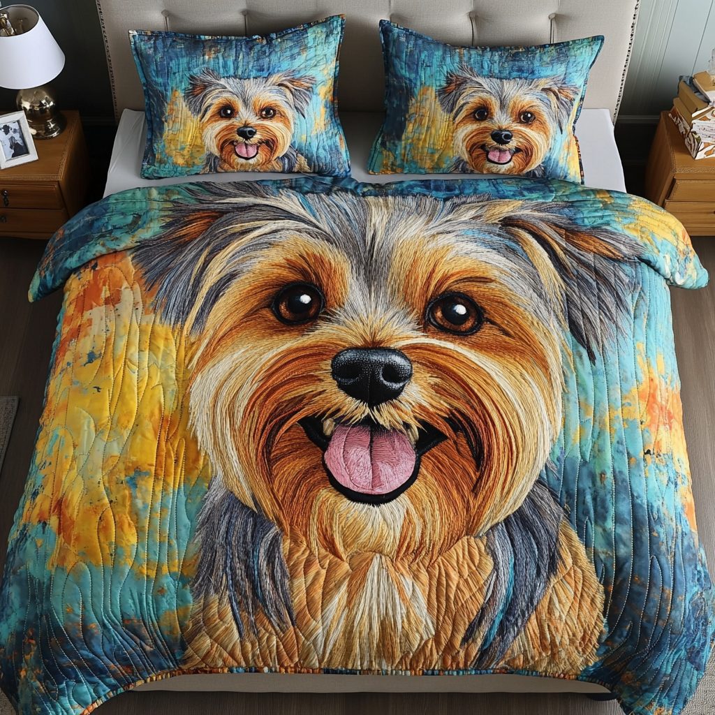 Furry Bliss quilted 3-piece bedding set on a made bed with two matching pillow shams