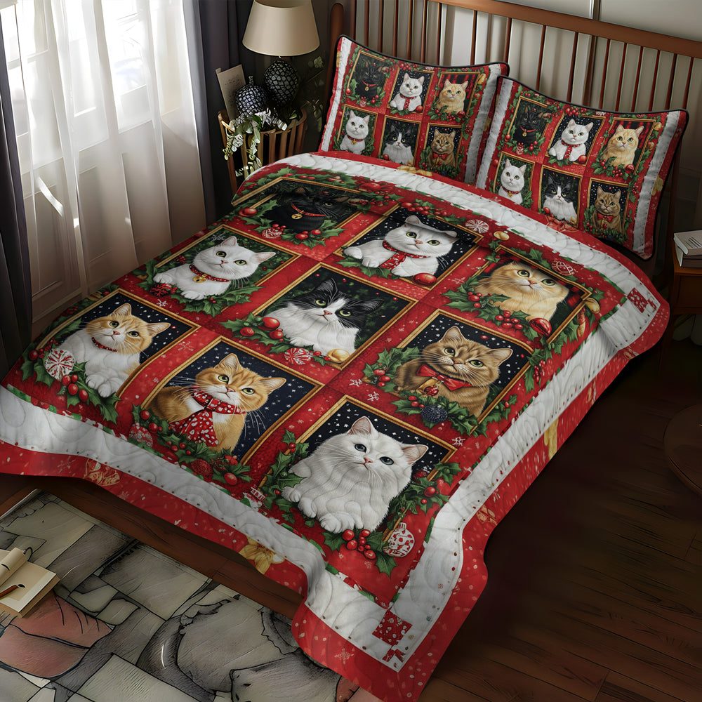 Furry Christmas Cheer quilted 3-piece bedding set on a made bed in a winter-styled bedroom