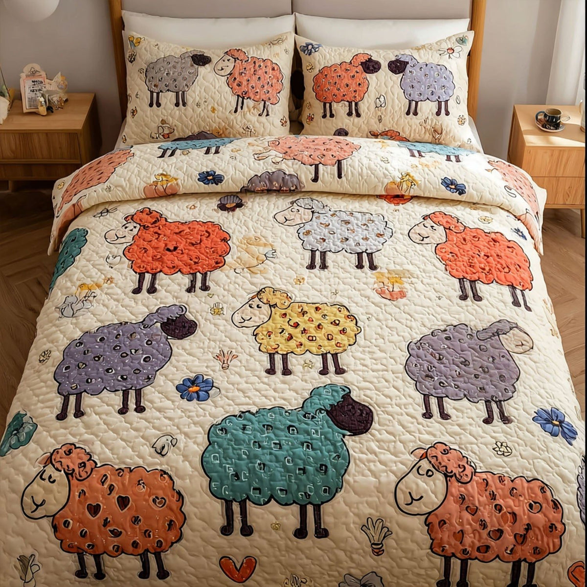 Fuzzy Delight quilted 3-piece bedding set on a made bed with two matching pillow shams