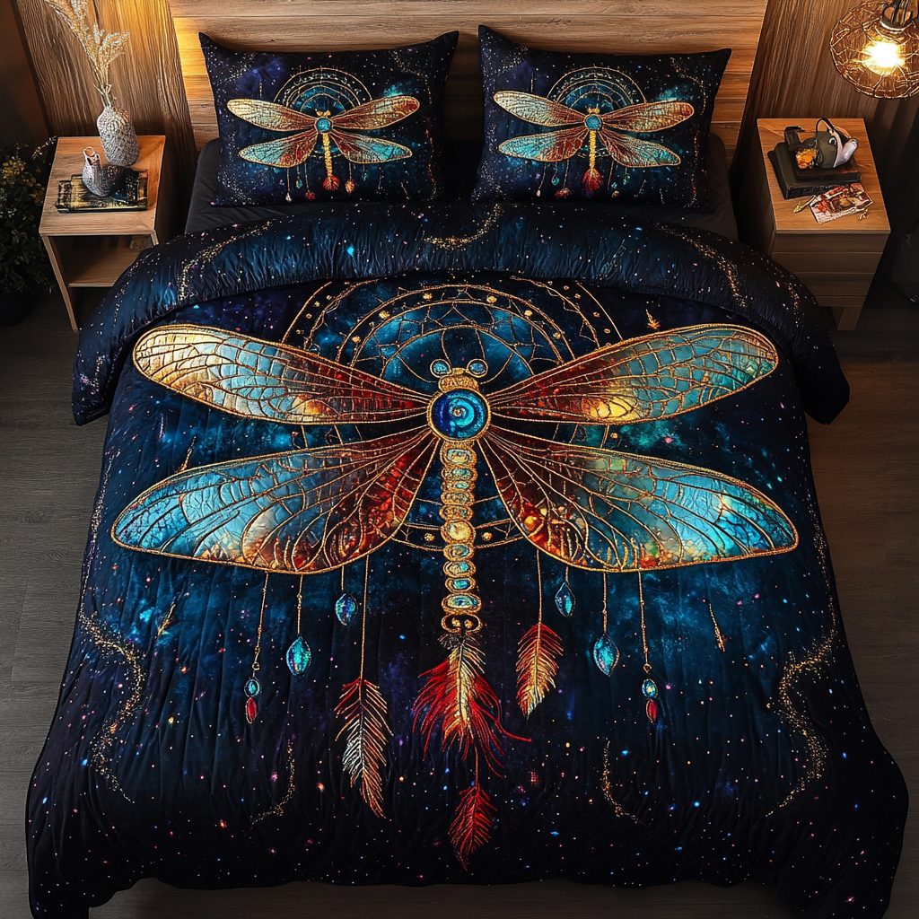 Galactic Dragonfly quilted 3-piece bedding set on a made bed with two matching pillow shams