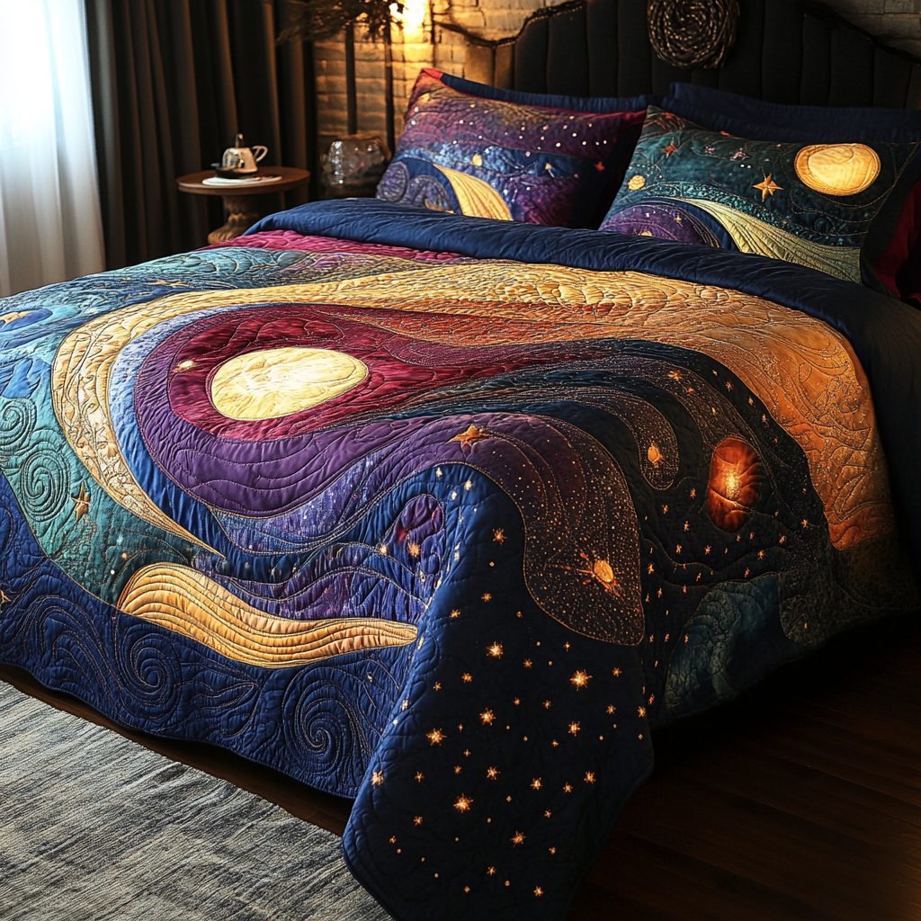 Galactic Glow quilted 3-piece bedding set on a made bed with two matching pillow shams