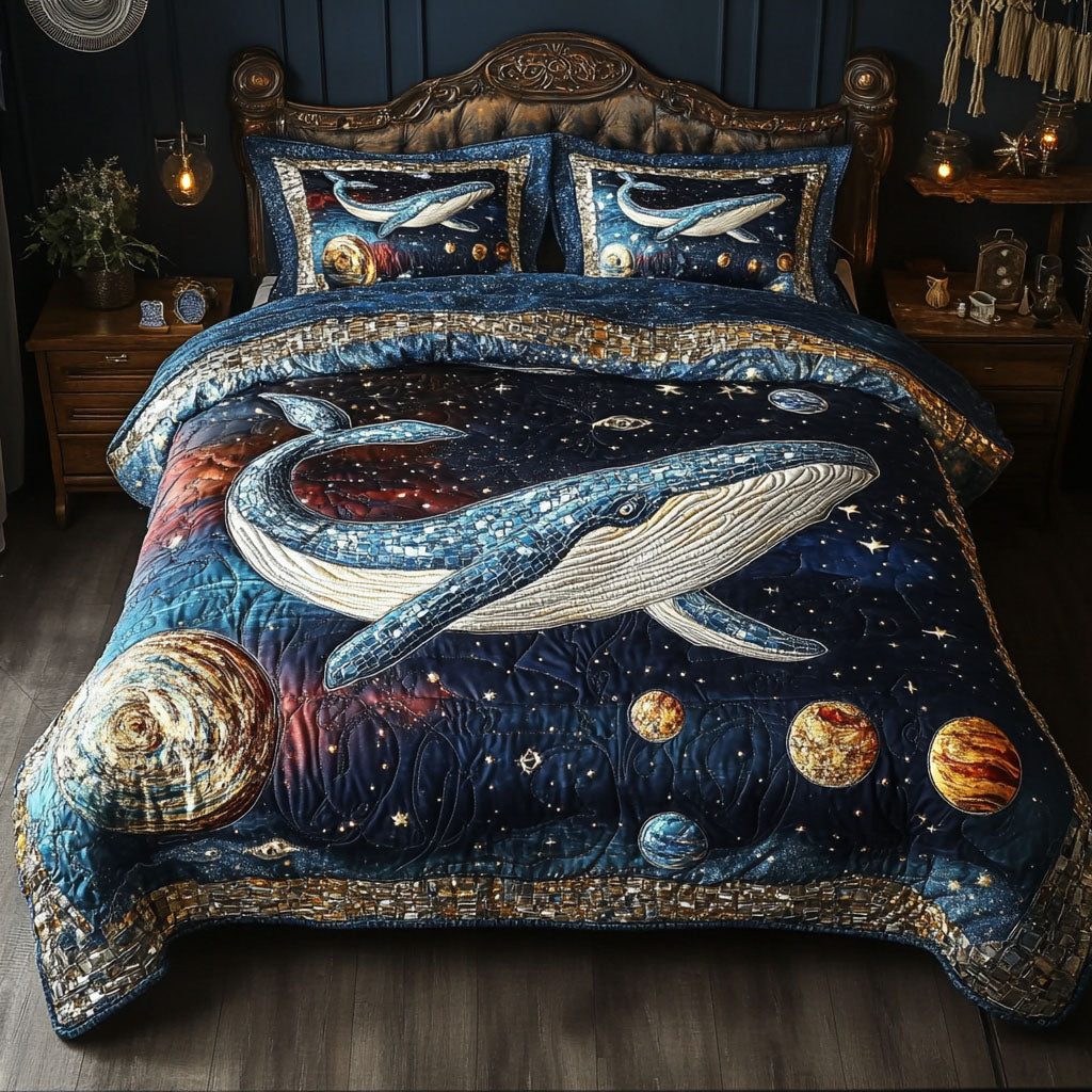 Galactic Tides quilted 3-piece bedding set on a made bed with two matching pillow shams