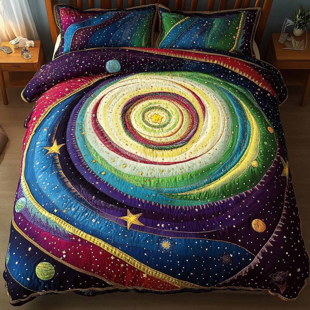 Galactic Wonder quilted 3-piece bedding set on a made bed with two matching pillow shams