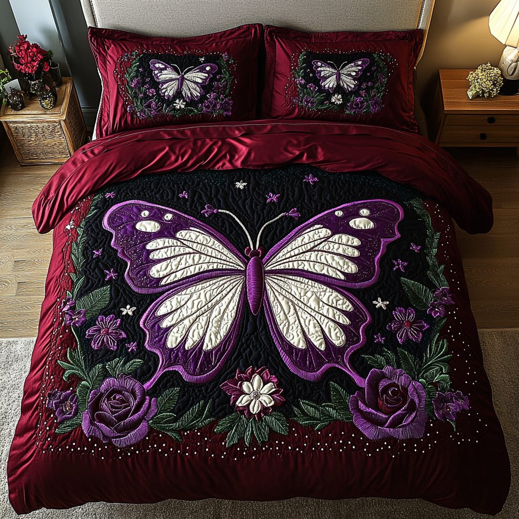 Galaxy Butterfly quilted 3-piece bedding set on a made bed with two matching pillow shams