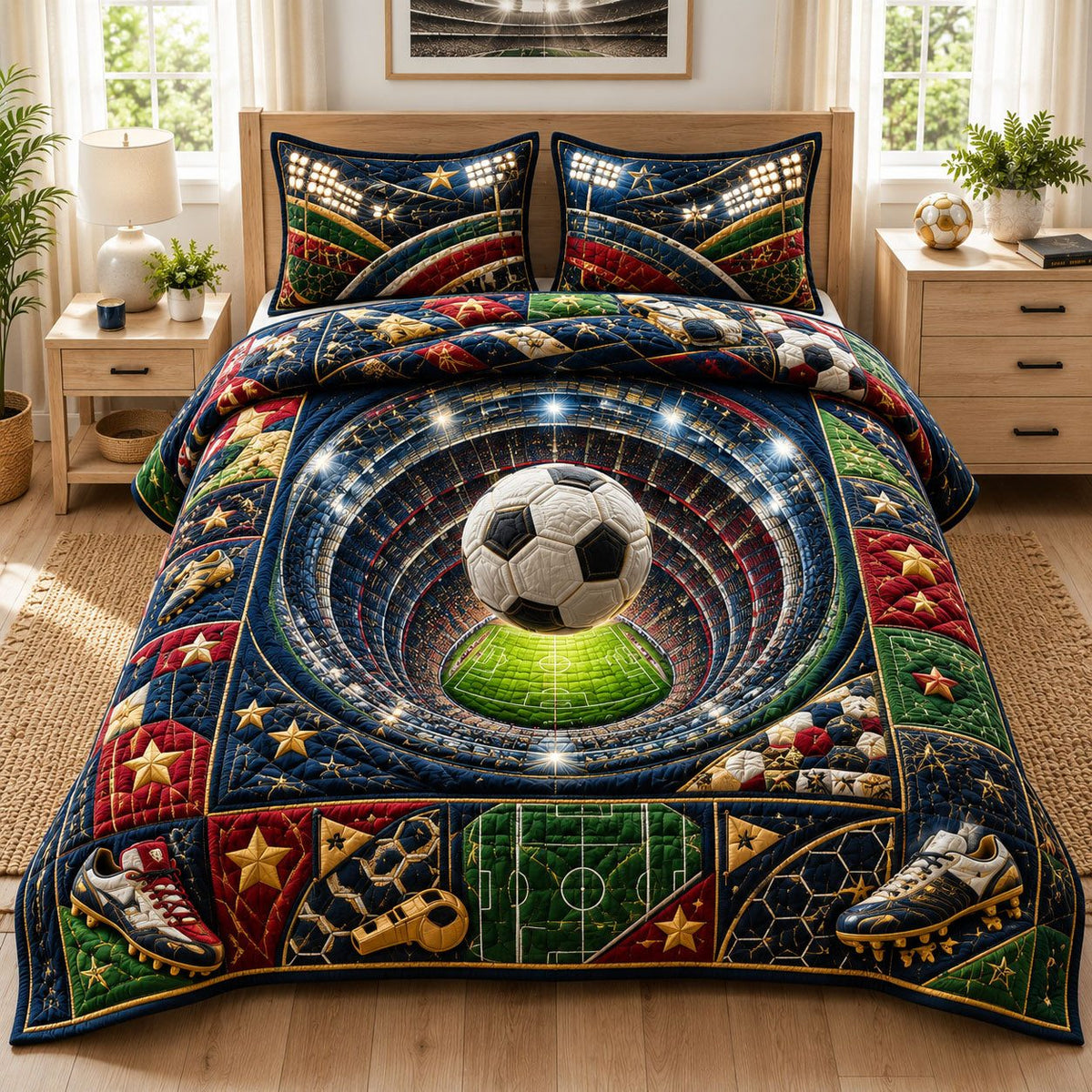 Galaxy Stadium Spin quilted 3-piece bedding set on a made bed with two matching pillow shams