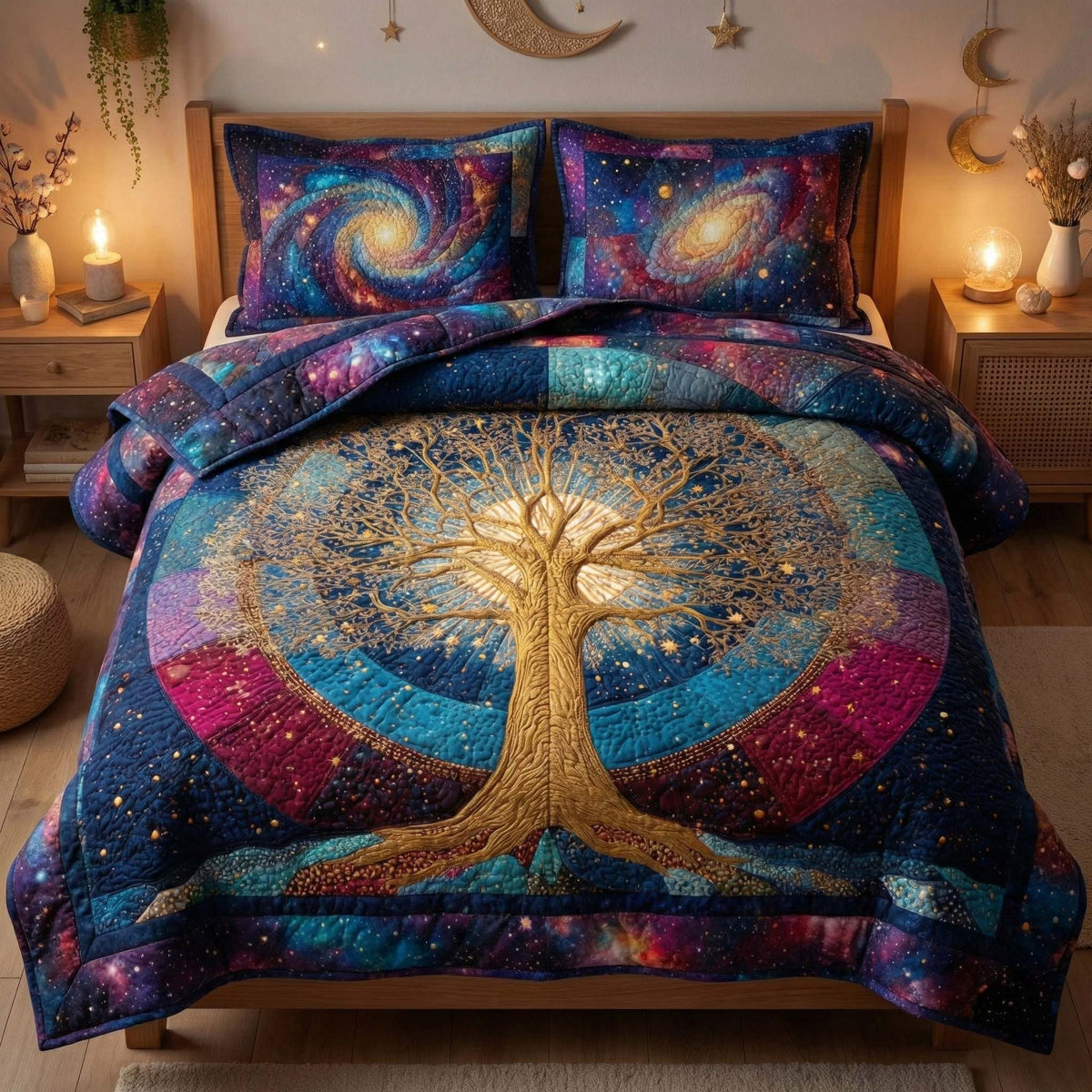 Galaxy Tree quilted 3-piece bedding set on a made bed with two matching pillow shams