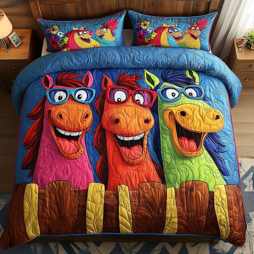 Gallop Giggles quilted 3-piece bedding set on a made bed with two matching pillow shams
