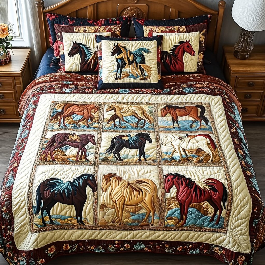 Gallop Grace quilted 3-piece bedding set on a made bed with two matching pillow shams