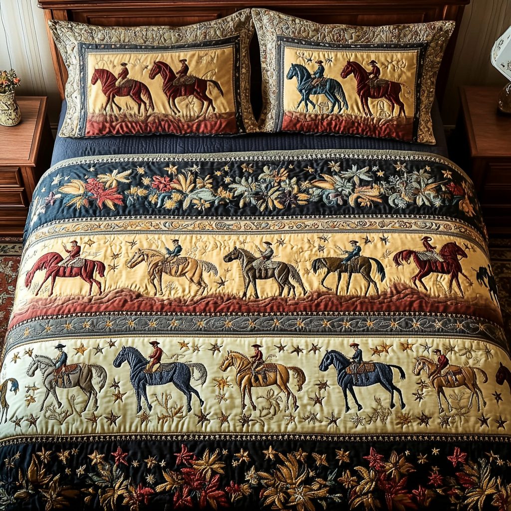 Gallop Harmony quilted 3-piece bedding set on a made bed with two matching pillow shams