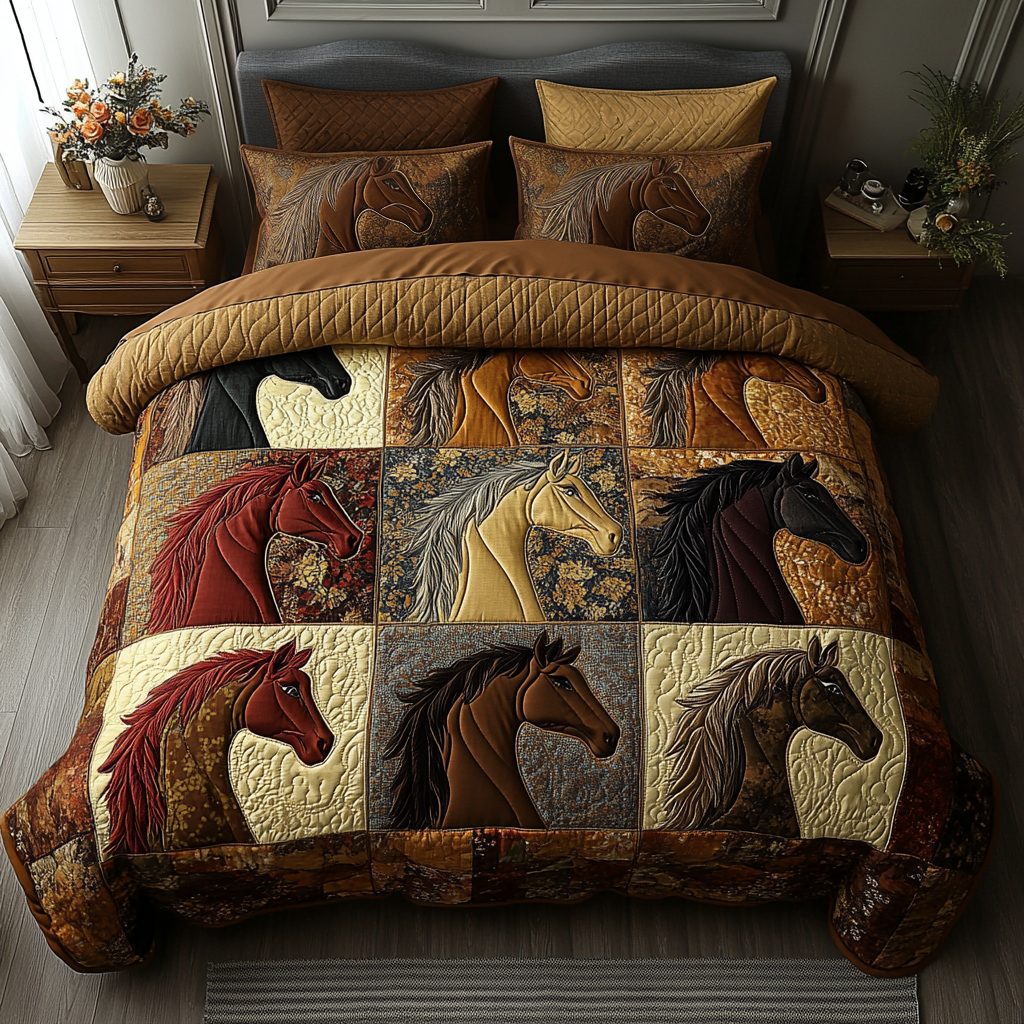 Galloping Grace quilted 3-piece bedding set on a made bed with two matching pillow shams