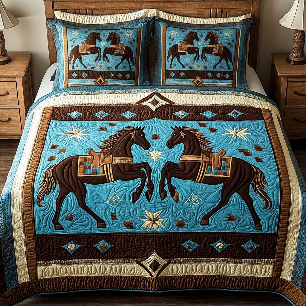 Galloping Grace quilted 3-piece bedding set on a made bed with two matching pillow shams