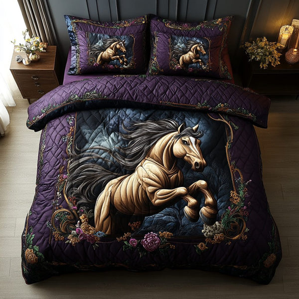 Galloping Horse quilted 3-piece bedding set on a made bed in a rustic timber bedroom