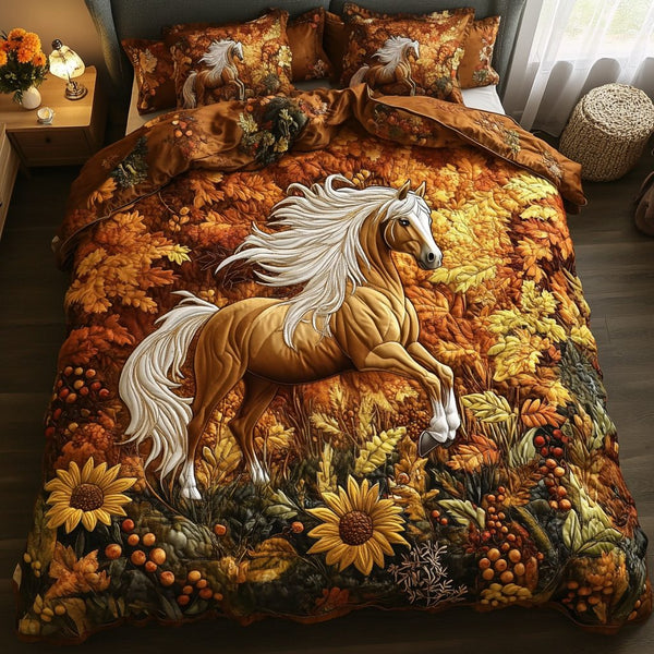 Galloping Horse quilted 3-piece bedding set on a made bed in a rustic timber bedroom