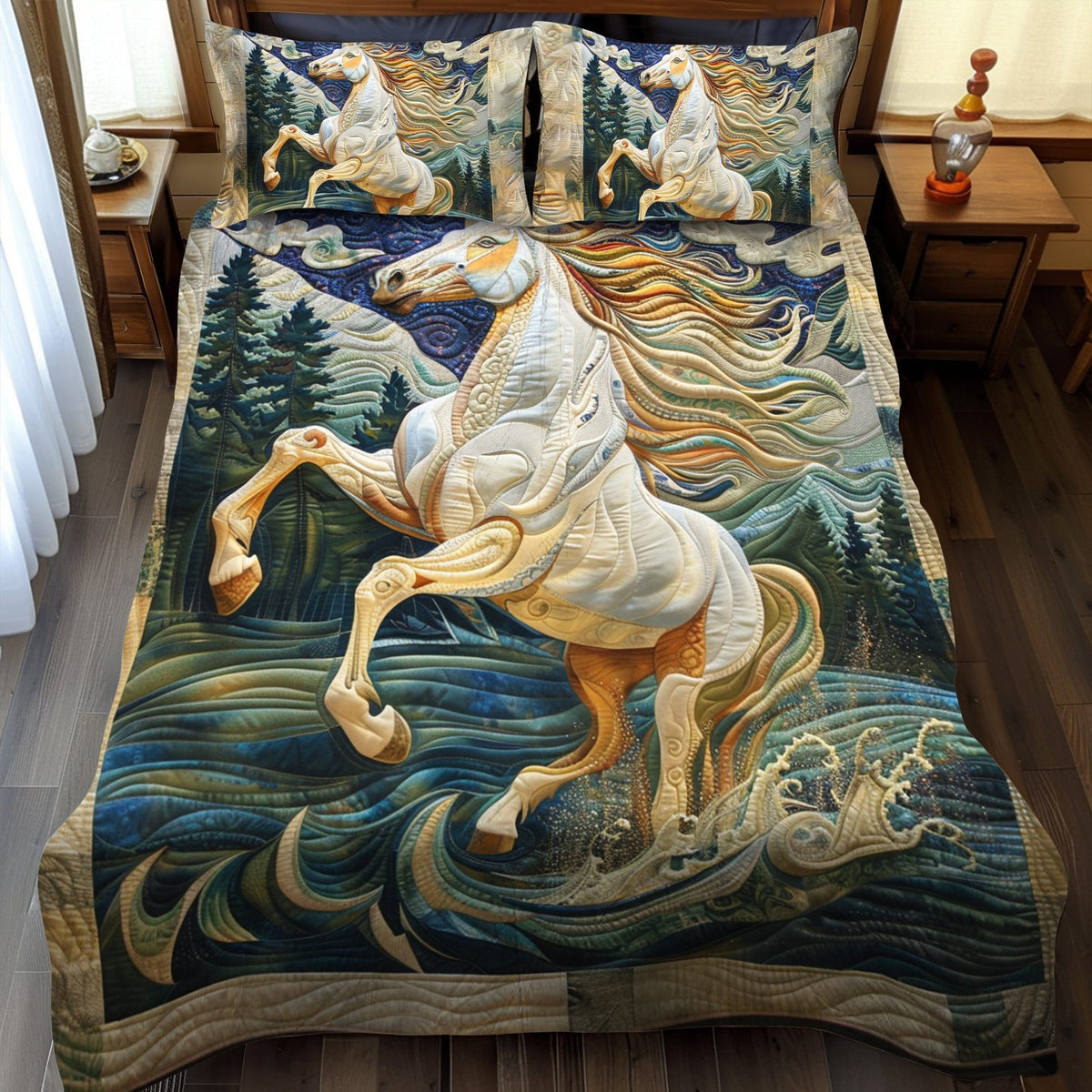 Galloping Horse quilted 3-piece bedding set on a made bed in a rustic timber bedroom