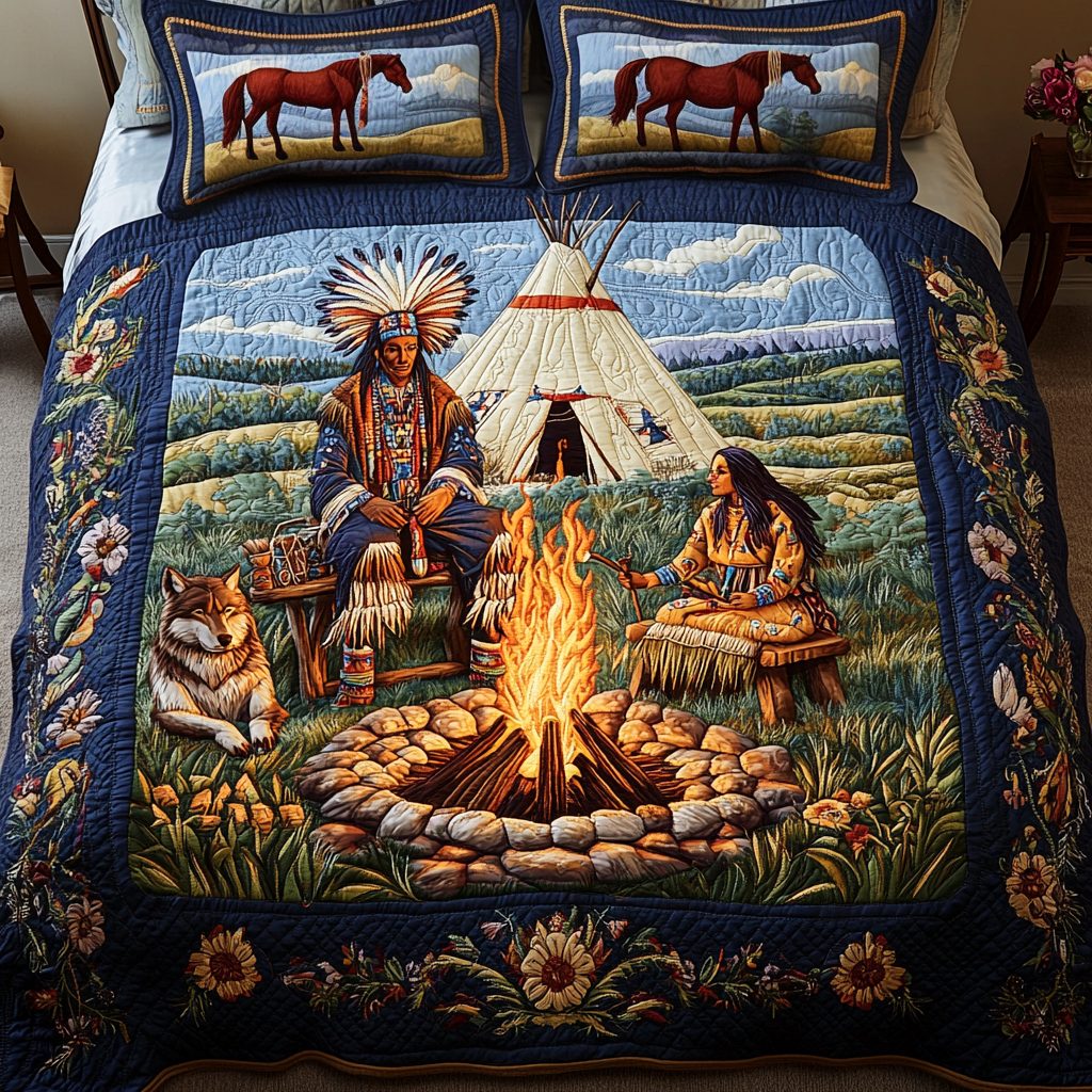 Galloping Warrior quilted 3-piece bedding set on a made bed with two matching pillow shams