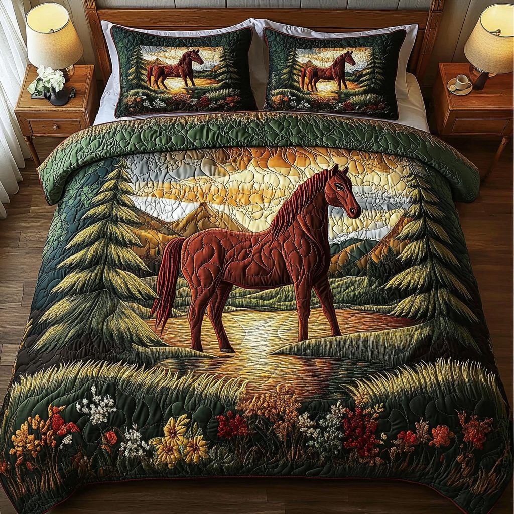 Galloping Winds quilted 3-piece bedding set on a made bed with two matching pillow shams