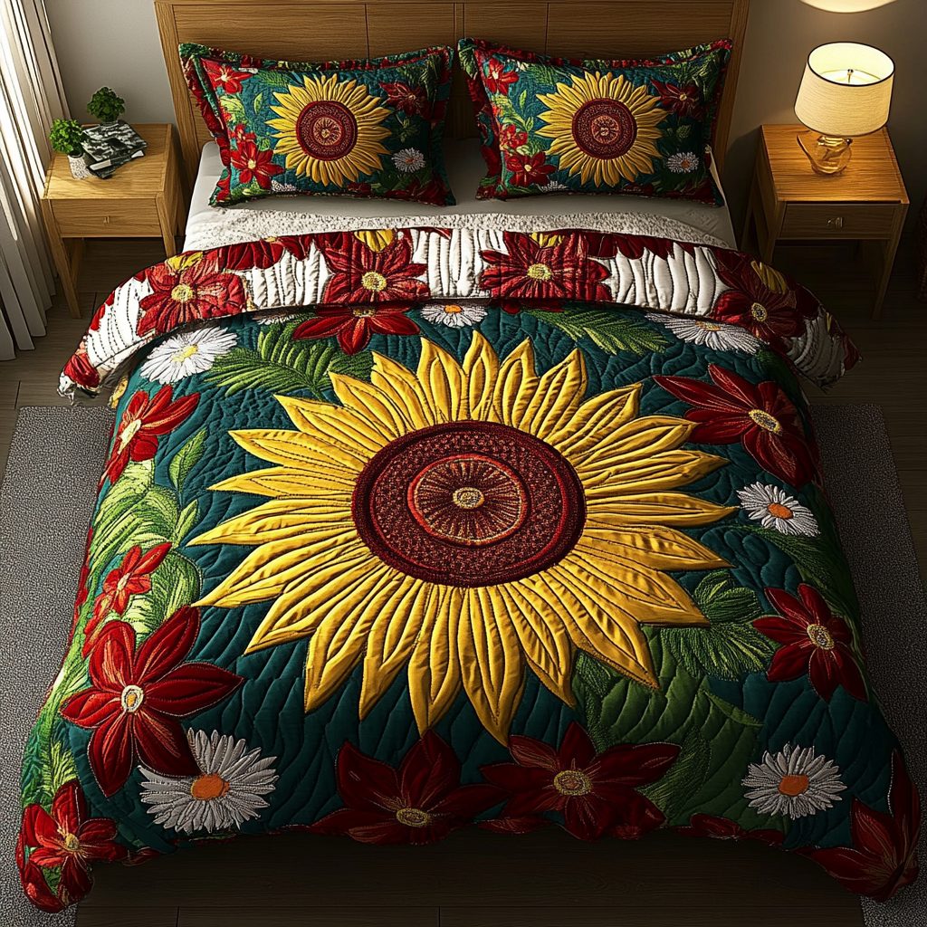 Garden Bloom quilted 3-piece bedding set on a made bed with two matching pillow shams