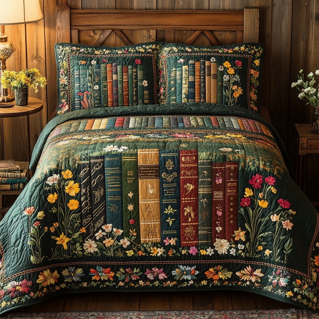 Garden Bookscape quilted 3-piece bedding set on a made bed with two matching pillow shams