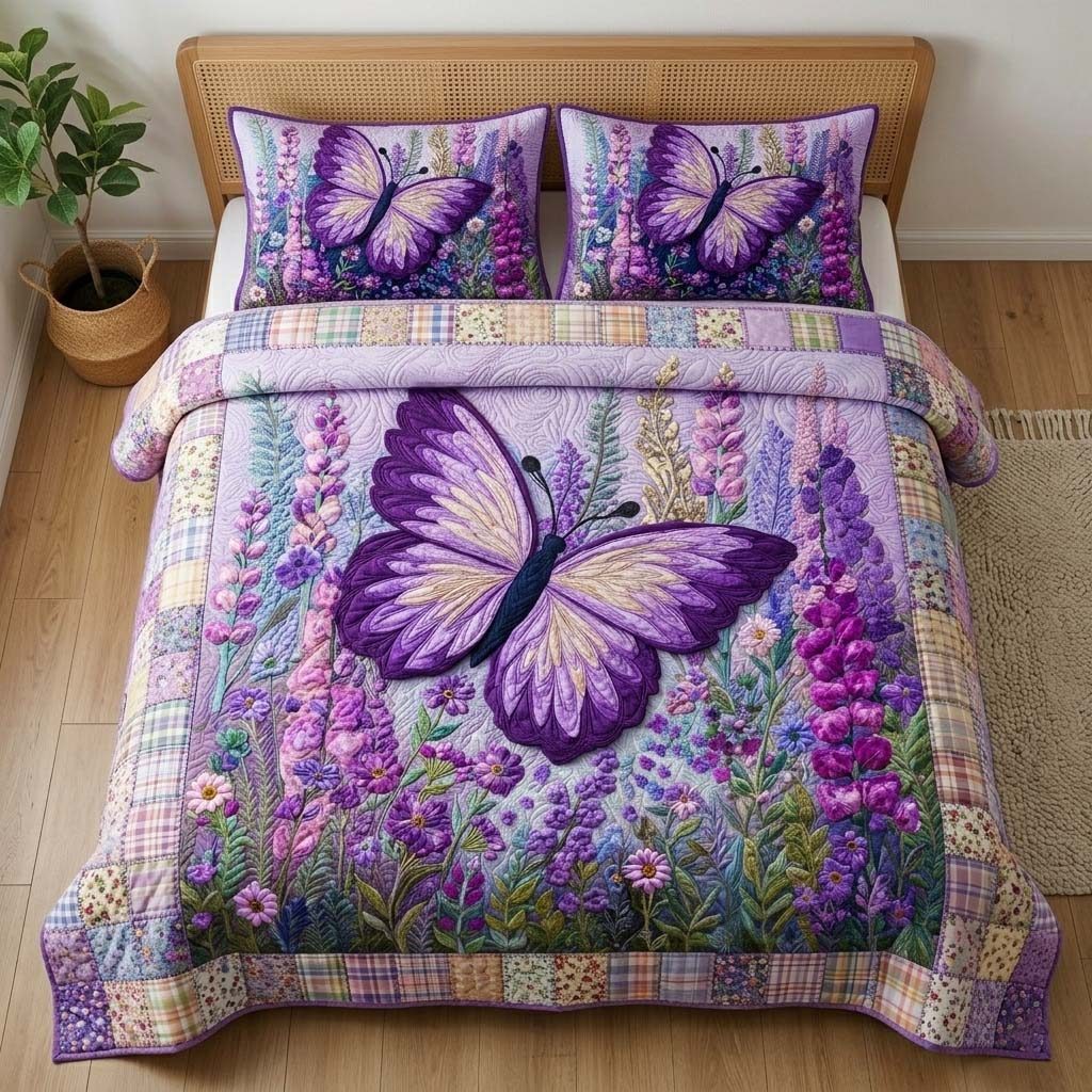 Garden Butterfly quilted 3-piece bedding set on a made bed with two matching pillow shams