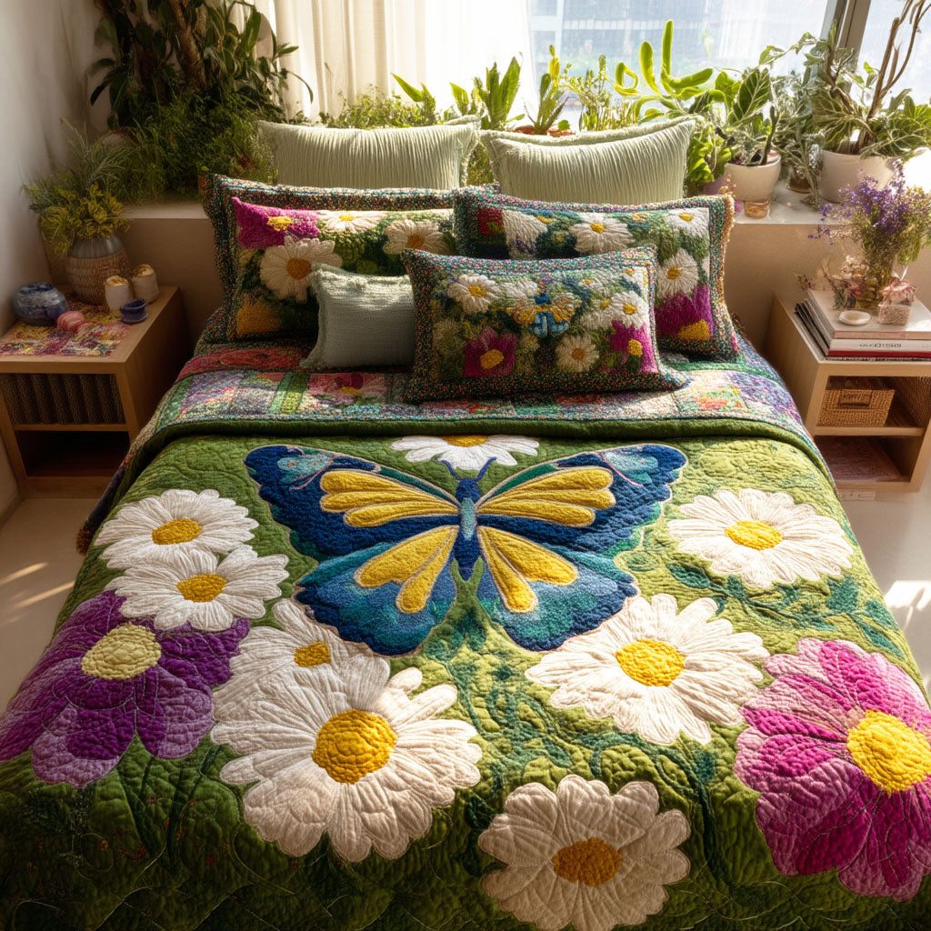 Garden Butterfly quilted 3-piece bedding set on a made bed with two matching pillow shams
