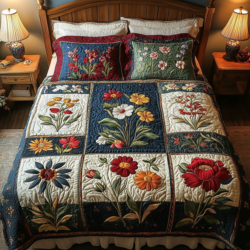 Garden Charm quilted 3-piece bedding set on a made bed with two matching pillow shams