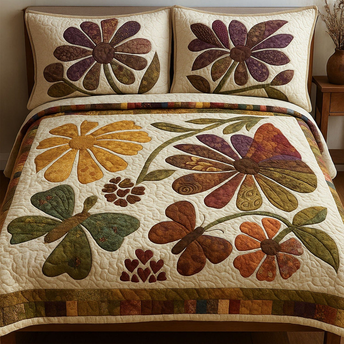 Garden Charm quilted 3-piece bedding set on a made bed with two matching pillow shams