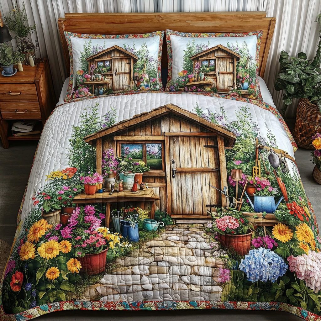 Garden Charm quilted 3-piece bedding set on a made bed with two matching pillow shams