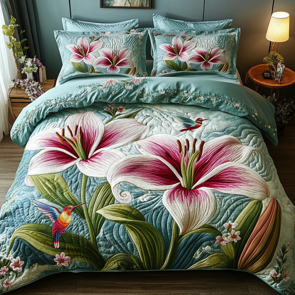 Garden Dreams quilted 3-piece bedding set on a made bed with two matching pillow shams