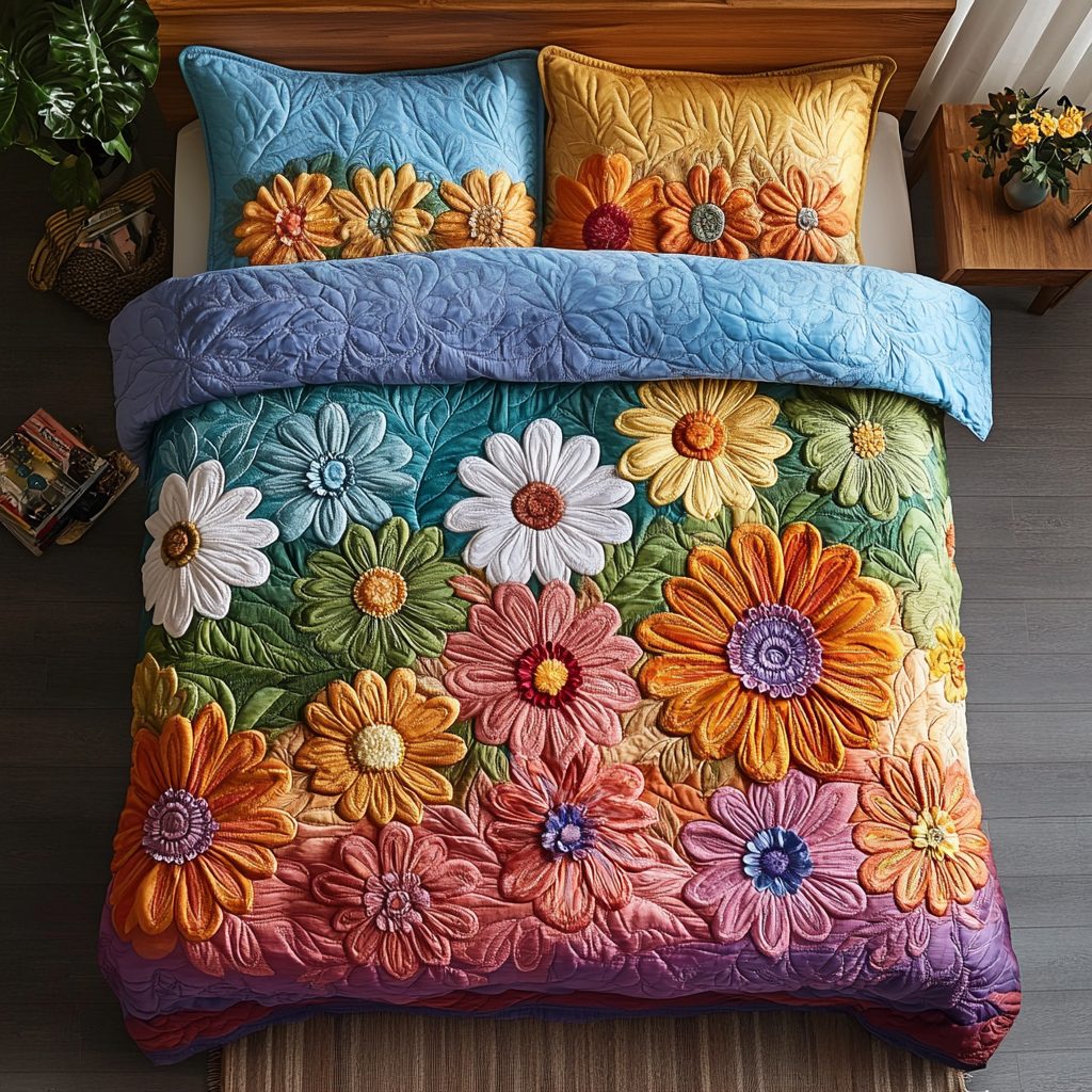 Garden Dreams quilted 3-piece bedding set on a made bed with two matching pillow shams