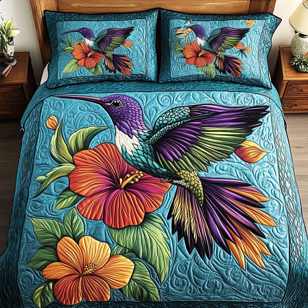 Garden Echo quilted 3-piece bedding set on a made bed with two matching pillow shams