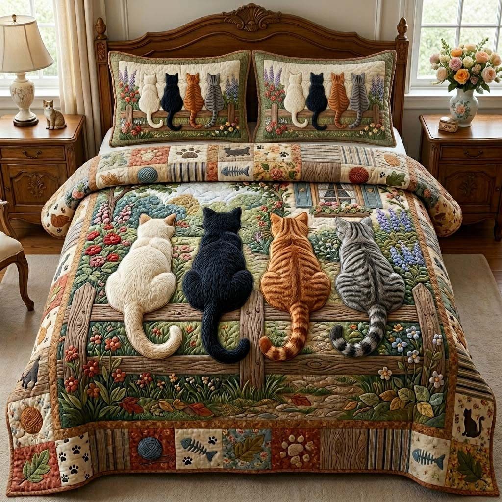 Garden Fence Cats quilted 3-piece bedding set on a made bed with two matching pillow shams