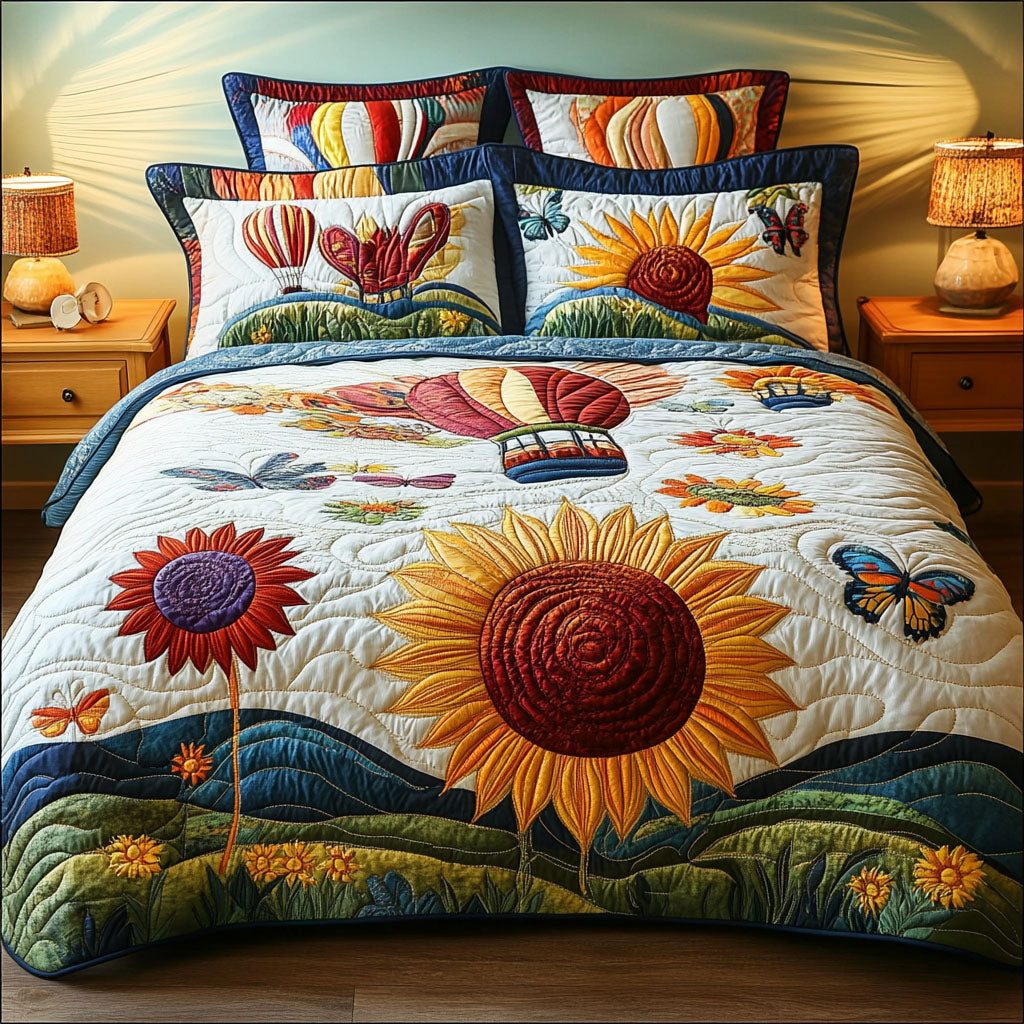Garden Flight Dreams quilted 3-piece bedding set on a made bed with two matching pillow shams
