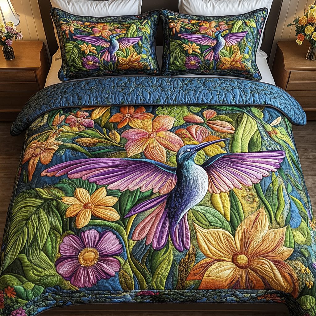 Garden Flight quilted 3-piece bedding set on a made bed with two matching pillow shams