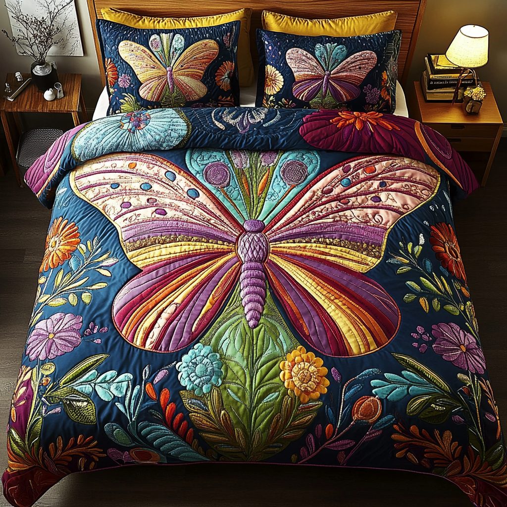 Garden Flight quilted 3-piece bedding set on a made bed with two matching pillow shams