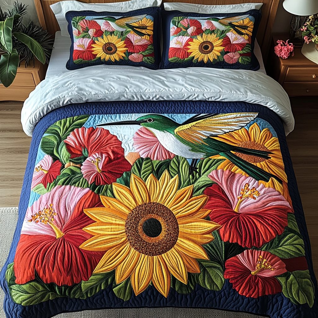 Garden Flight quilted 3-piece bedding set on a made bed with two matching pillow shams