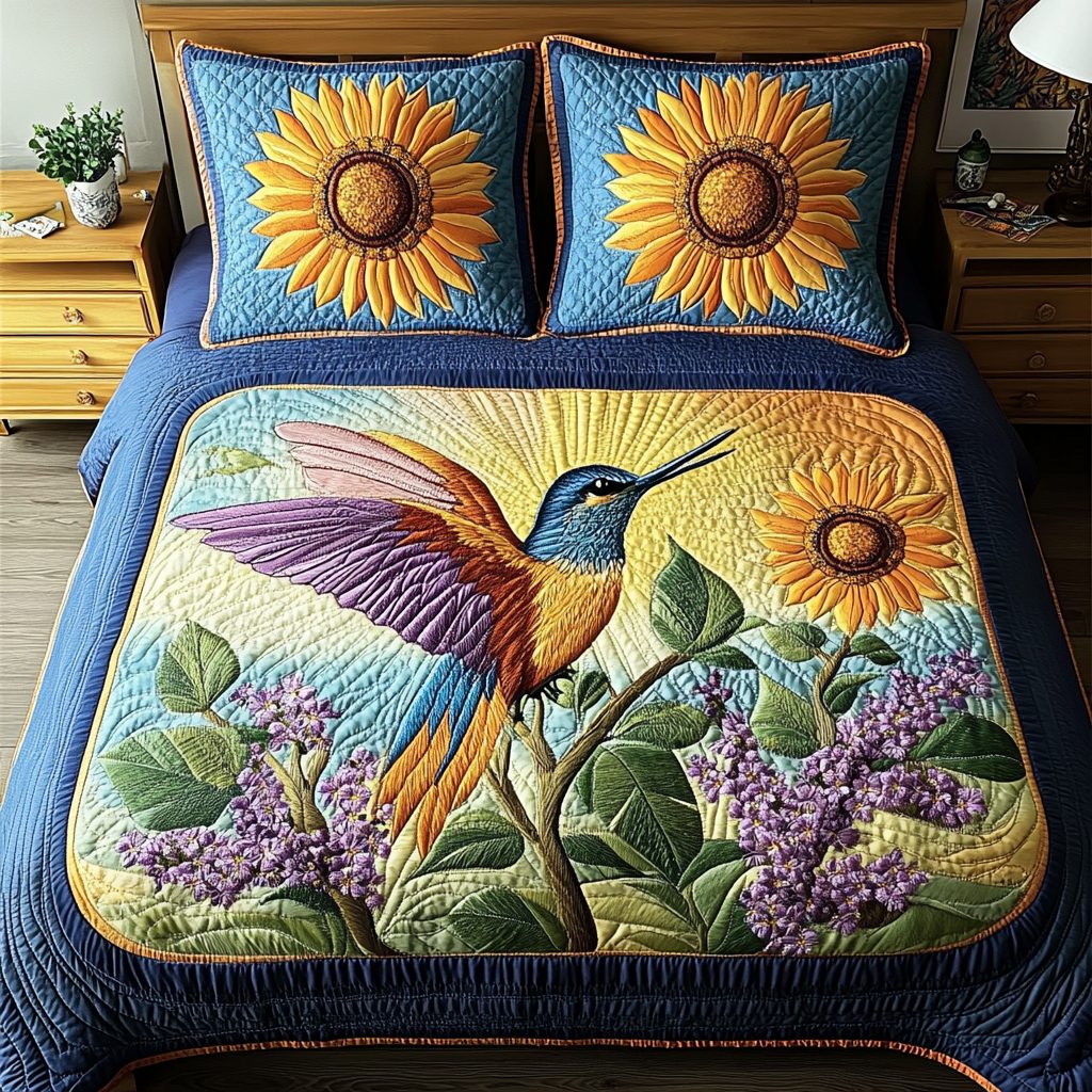 Garden Flight quilted 3-piece bedding set on a made bed with two matching pillow shams