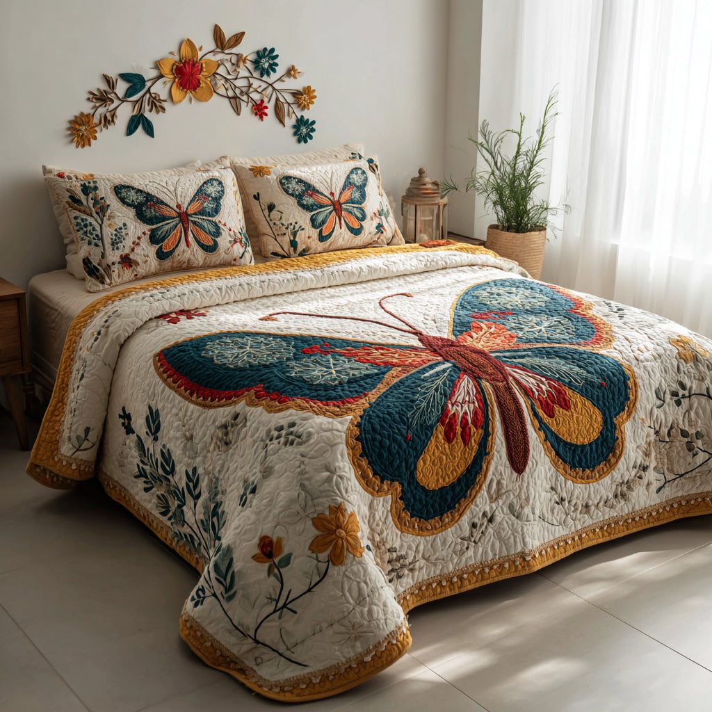 Garden Flutter quilted 3-piece bedding set on a made bed with two matching pillow shams