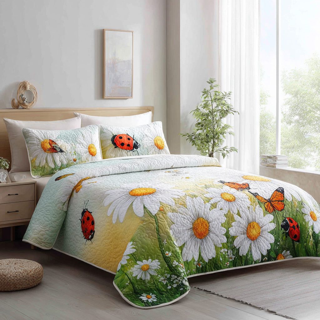 Garden Giggle quilted 3-piece bedding set on a made bed with two matching pillow shams